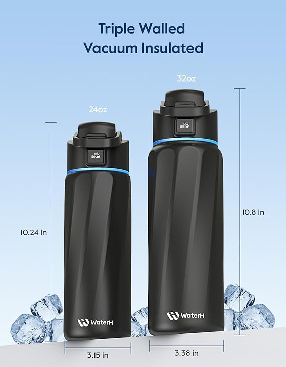 BOOST Smart Water Bottle that Reminds You to Drink, 24oz BPA-Free Stainless Steel Vacuum Insulated, Wide Mouth Water Tracker Bottle with APP for School, Gym, Office, Ideal for Father's Day