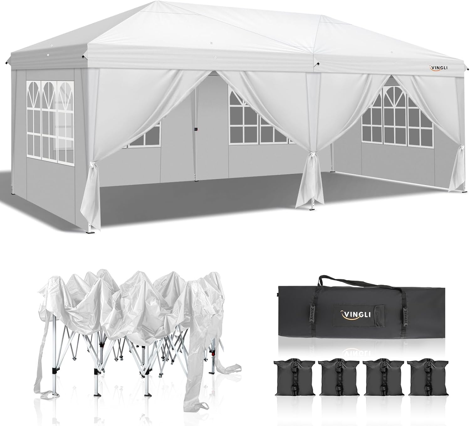 VINGLI 10’x20′ Ez Pop Up Cover Tent with 6 Detachable Sidewalls Panels,Folding Immediate Wedding ceremony Celebration Out of doors Industrial Occasion Gazebo Pavilion W/ Transportable Rolling Carrying Bag,White
