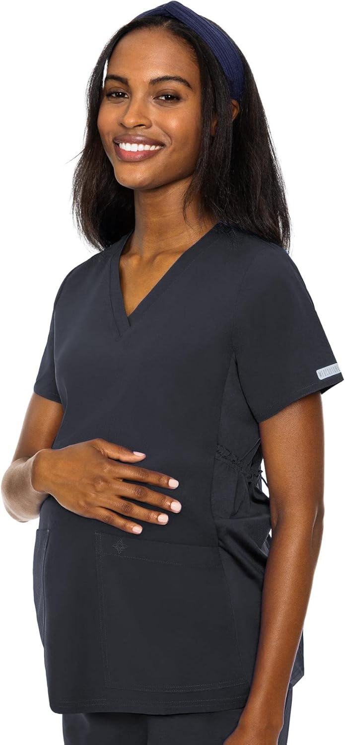 Med Couture Maternity V-Neck Scrub Top – Soft 360° Stretch Pregnancy Scrubs with Adjustable Waist & Pockets – MC8459