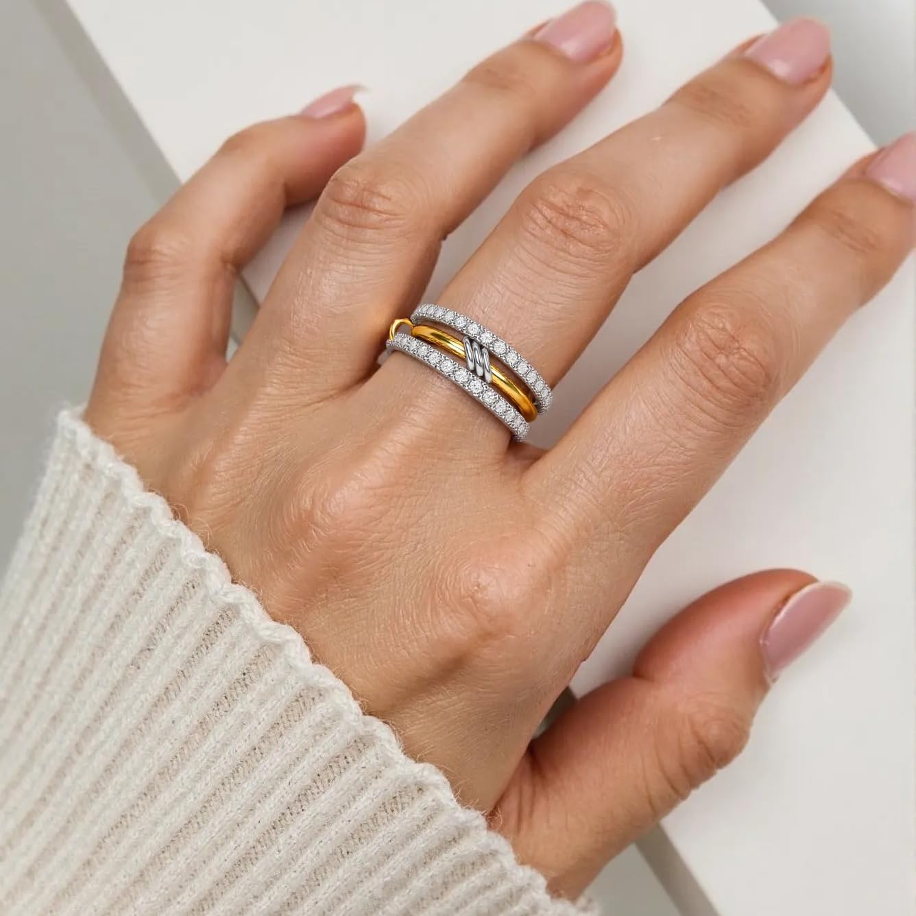 Verfimaci Dainty Gold Stackable Rings for Women,Chunky Stackable Cubic Zirconia Rings Set Non Tarnish,18K White Gold Plated Multi-Link Rings Women Jewelry - Image 2