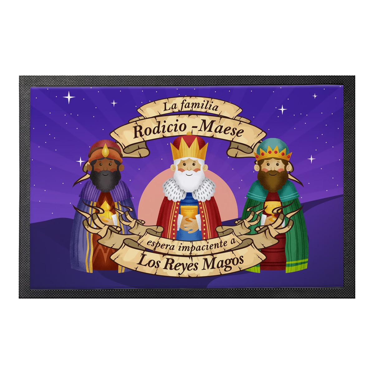Felpudo de Bienvenida a los Reyes Magos. Felpudo Personalizado con el Nombre de la Familia de la casa Que da la Bienvenida a Sus majestades en época navideña.