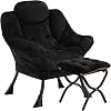 Lazy Chair with Folding Ottoman Leisure Sofa Chair Soft Cloth Armchair with Armrest and Side Pockets Reading Chair with Footrest for Living Room Bedroom Office Plush Black