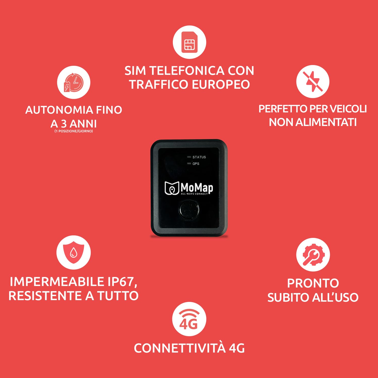 MoMap Box Light – Localizzatore GPS Portatile per Auto e Veicoli | SIM Inclusa con Abbonamento di 1 Anno, App 100% Italiana, Batteria Sostituibile | Facile da Installare (Tracciamento ogni 12 ore)