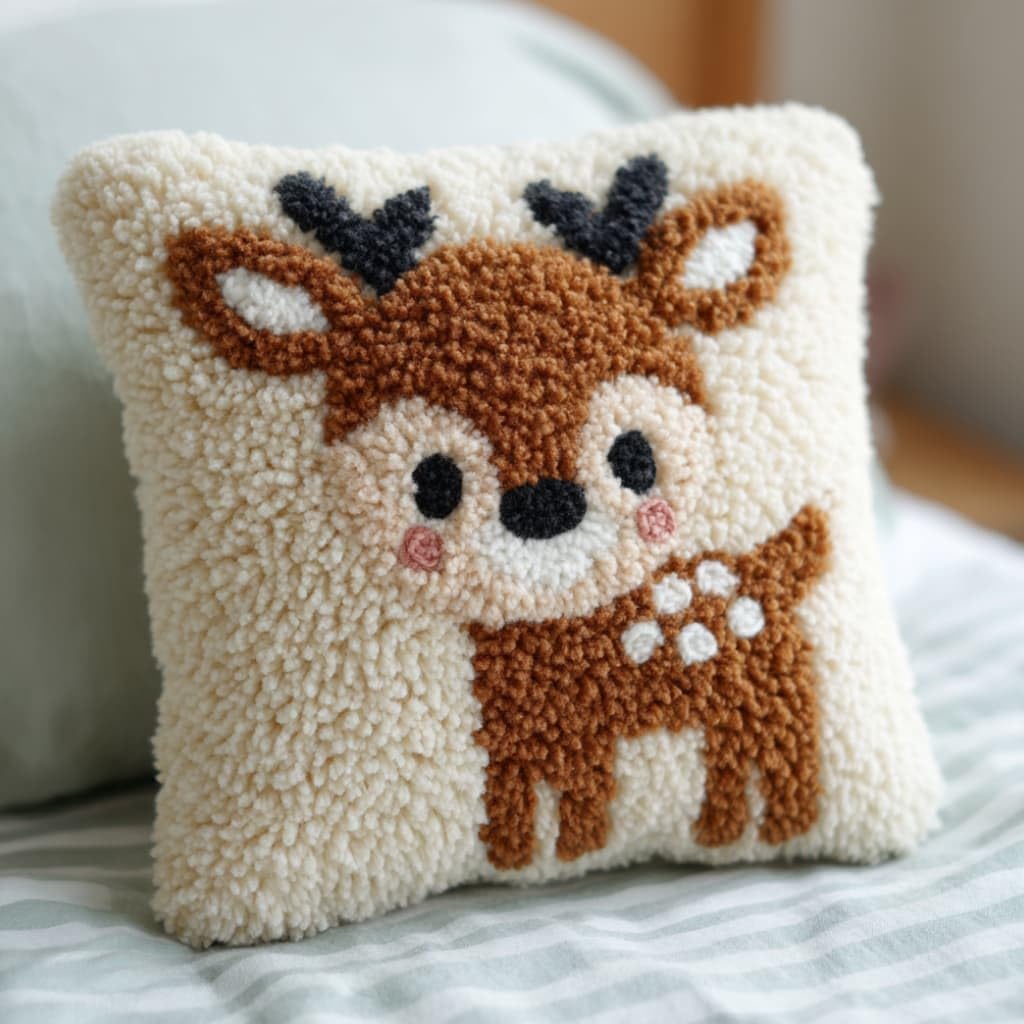 WallustrioaW Latch Hook Pillow Case Kits,Deer 17X17 Inch Latch Hook Cushion Cover Kit,Knitting Kits Cushion for Adults Rug Making Kit for Starters