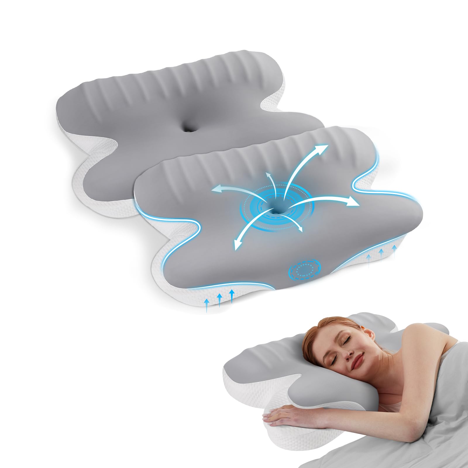 A-Pce 2 Pezzi Cuscino in memory foam | Cuscino di Sostegno Per Il Collo, Con Federa Rinfrescante Rimovibile, Allevia Il Dolore Al Collo E Alle Spalle, Grigio