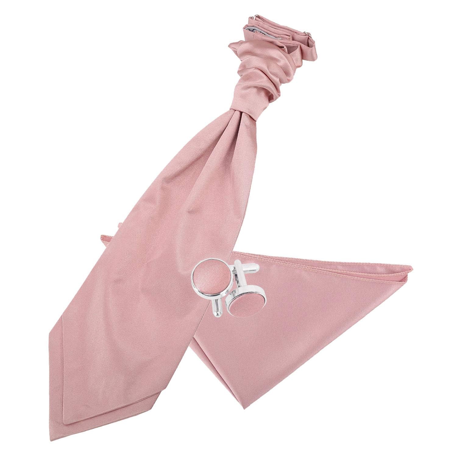 Dqt Men's Dusty Pink - Pre-Tied Plain Satin Cravat Ascot Tie & Pocket Square Set With Cufflinks – Wedding Business & Formal - Dusty Pink (Pre-Tied)