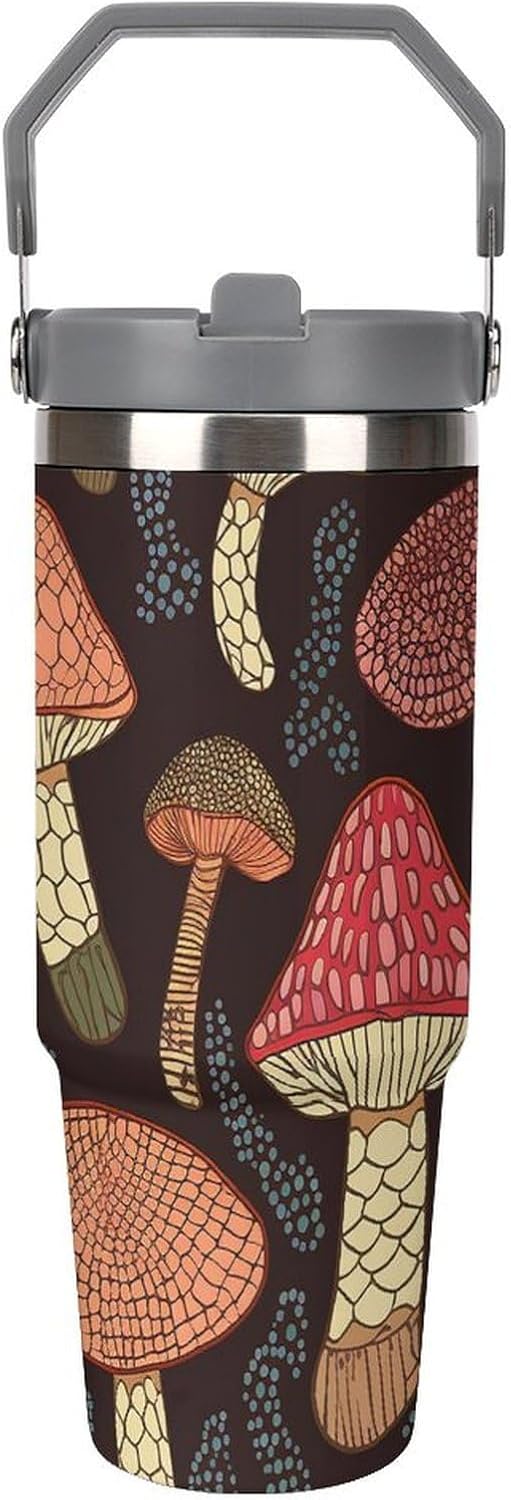 30oz Insulated Tumblers with Top Handle, Stainless Steel Mushroom Car Cup with Straw for Gift, Leak-Proof Double Wall Vacuum Travel Mug, Personalized Water Bottles White