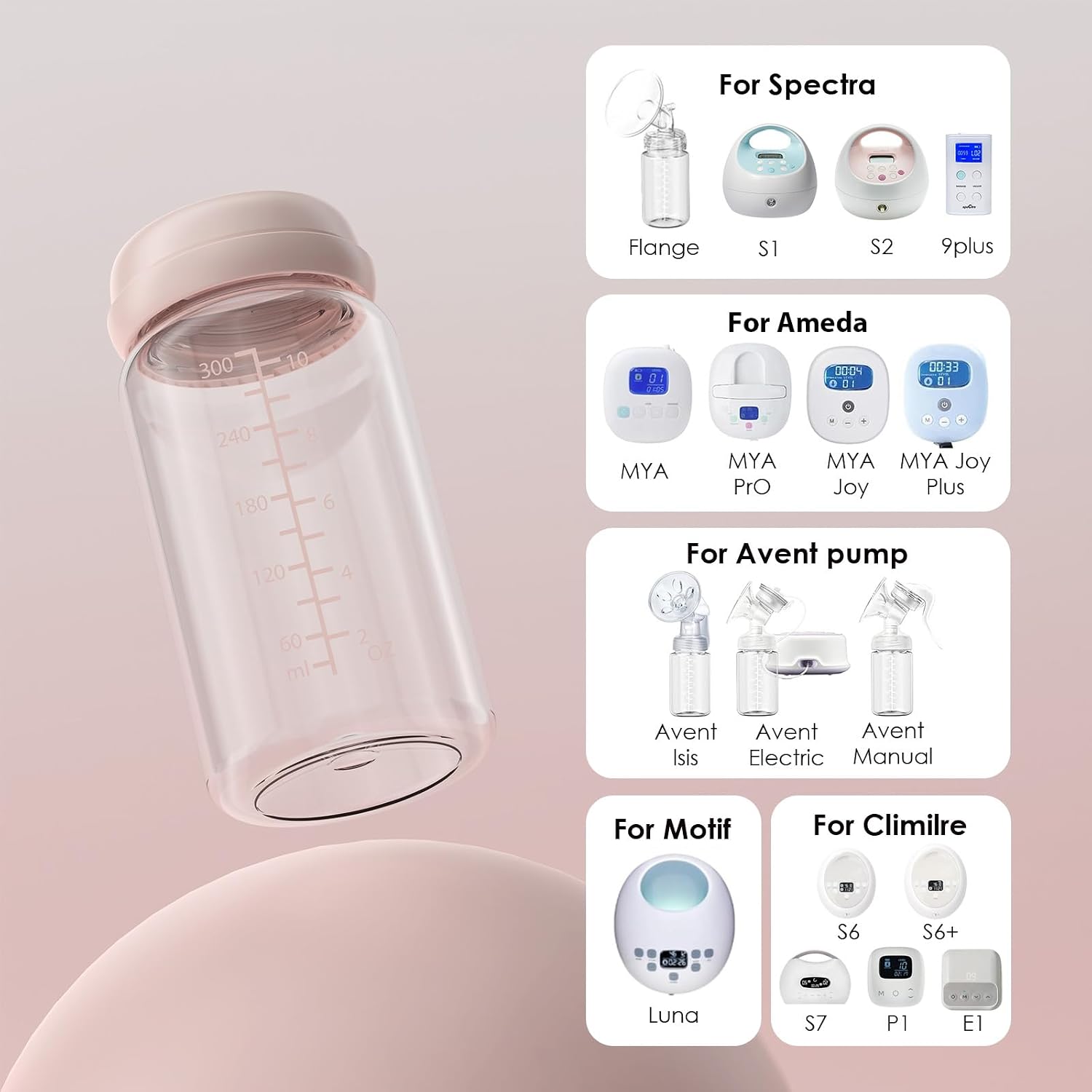 4PCS Breastmilk Storage Bottle for Momcozy 22oz Breast Milk Cooler, Wide Neck Breastmilk Collection Compatible with Spectra S1/S2/9 Plus/SG/Motif Luna, Certain Philips Avent Nipples, 10oz/300ml, Pink