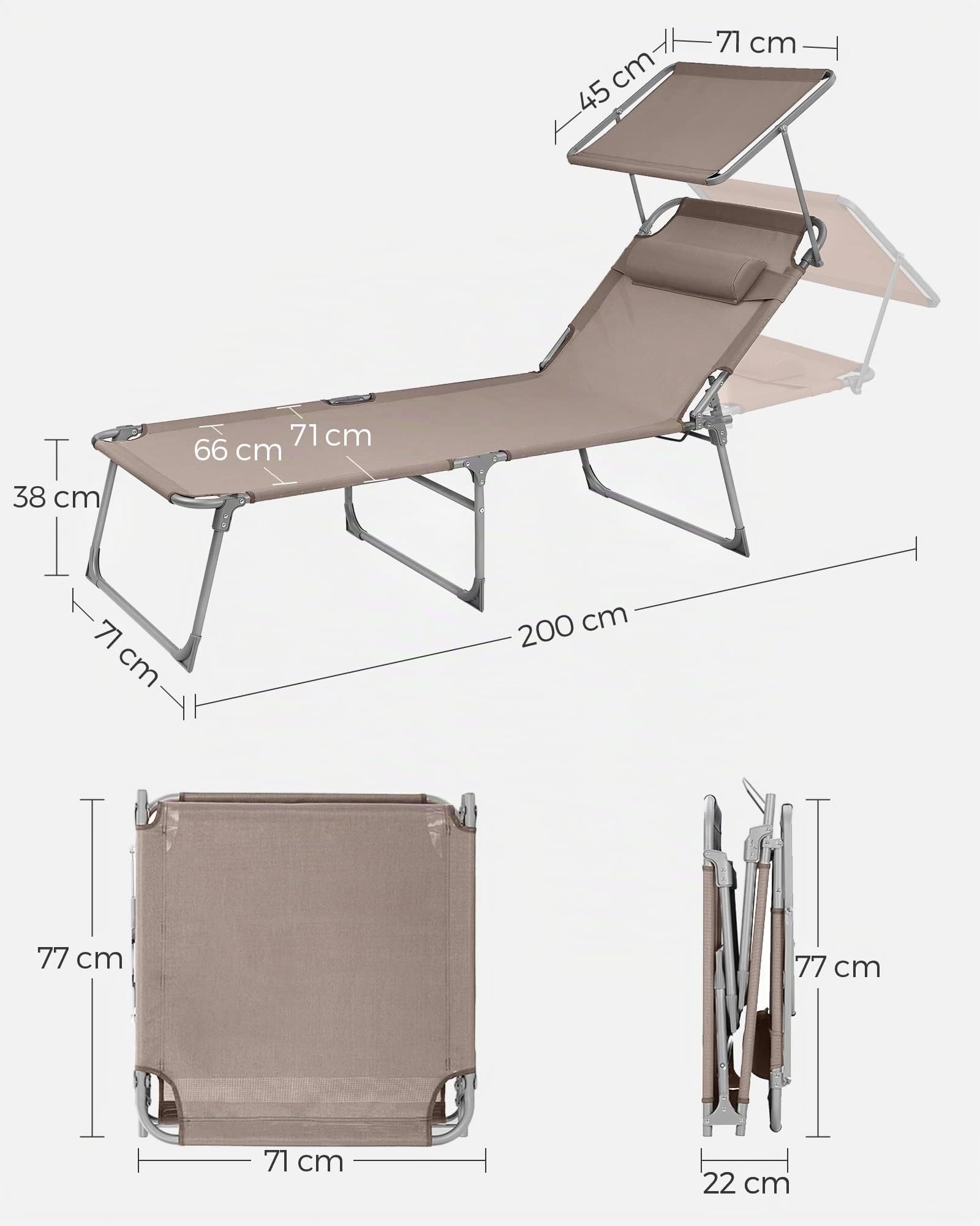 SONGMICS Lettino Prendisole Largo, Sedia a Sdraio Pieghevole, 71 x 200 x 38 cm, Max Portata 150 kg, con Poggiatesta Parasole e Schienale Reclinabile, per Terrazzo Piscina Giardino, Tortora GCB022K01