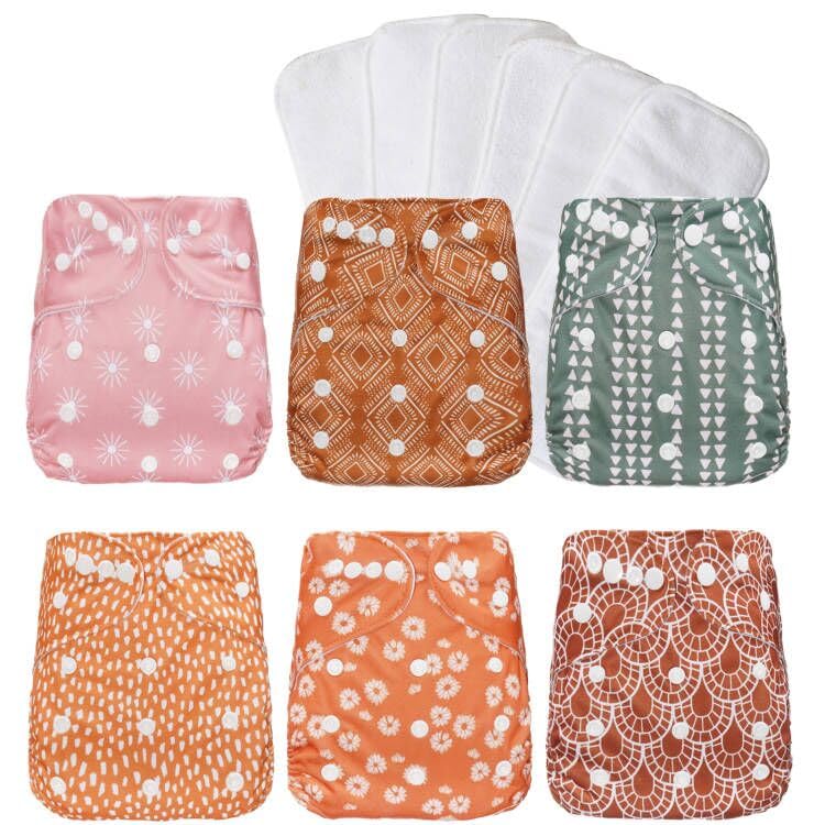 Image of Washable Reusable Cloth Diapers for Babies - Adjustable Newborn Pocket Diapers with 6 Microfiber Inserts (Flower Geometry) - 6 Pack