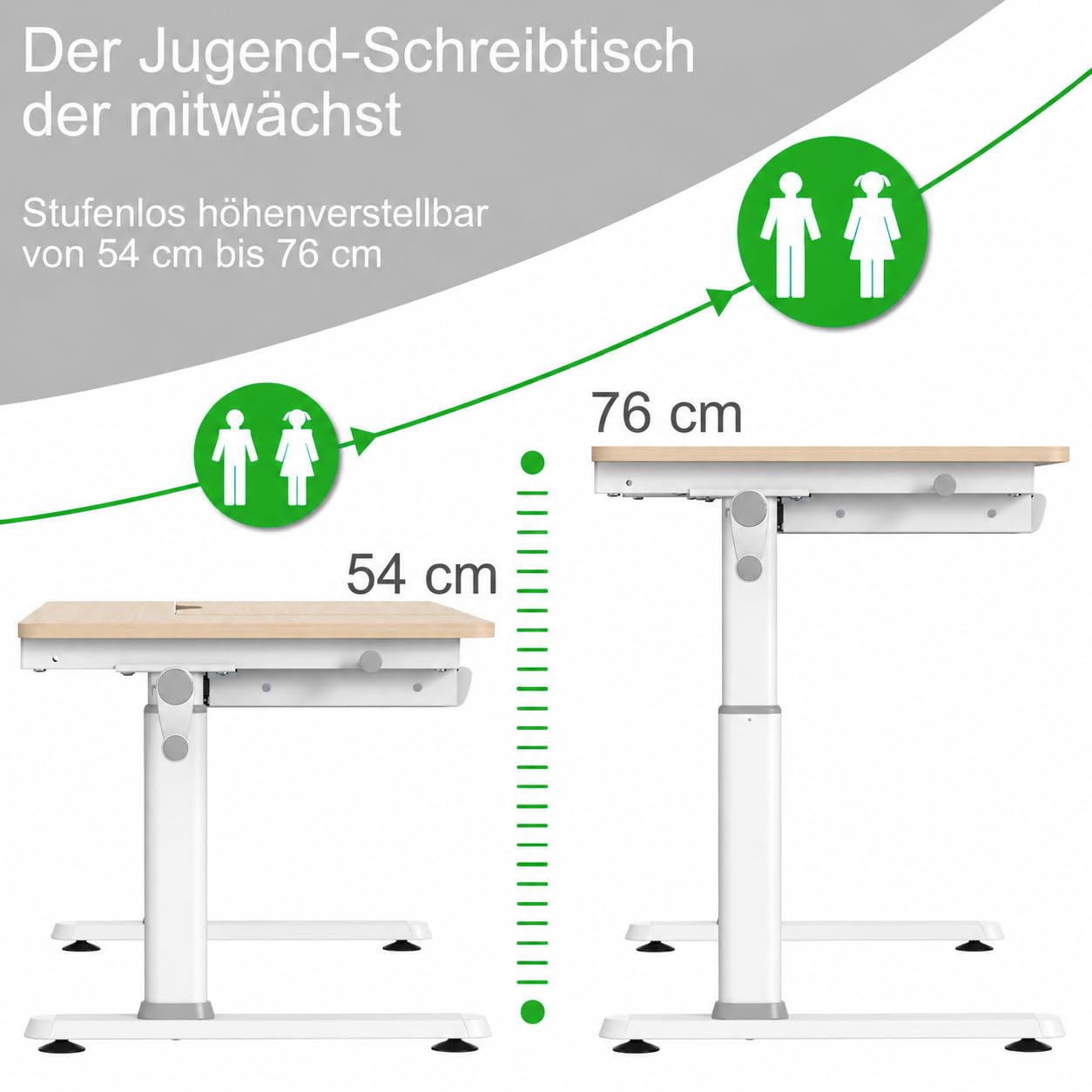 HOKO Kinderschreibtisch, Höhenverstellbar Kinderschreibtische 120x60 cm, Schreibtisch Kinder ab 6 Jahren, neigbare Tischplatte mit Schubladen, 100kg Belastbarkeit, Verstellbar von 54-76cm (Holz,CELIN)