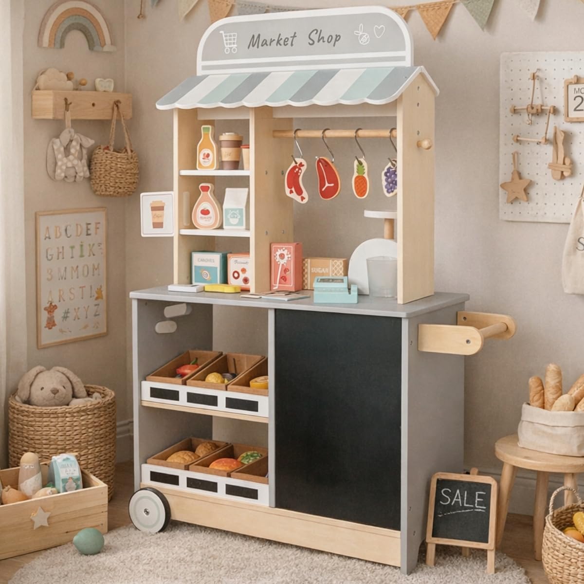 Mibbi Holzladen für Kinder zum Spielen, Supermarkt, Gemüsehäuser, Verkaufsstand, 3 Jahre +, Holz und MDF, 59 Elemente, Zubehör, Gewicht, Kasse, 60/73x29.5x105cm, 14.5kg