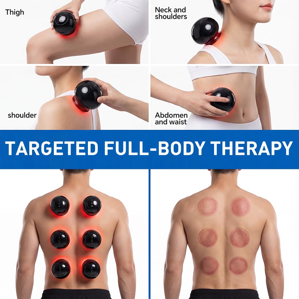 Set di 2 coppettazioni elettriche per massaggi (5 in 1 con terapia a luce rossa), portatile, 24 livelli regolabili di aspirazione e temperatura, ideale per alleviare il disagio alla