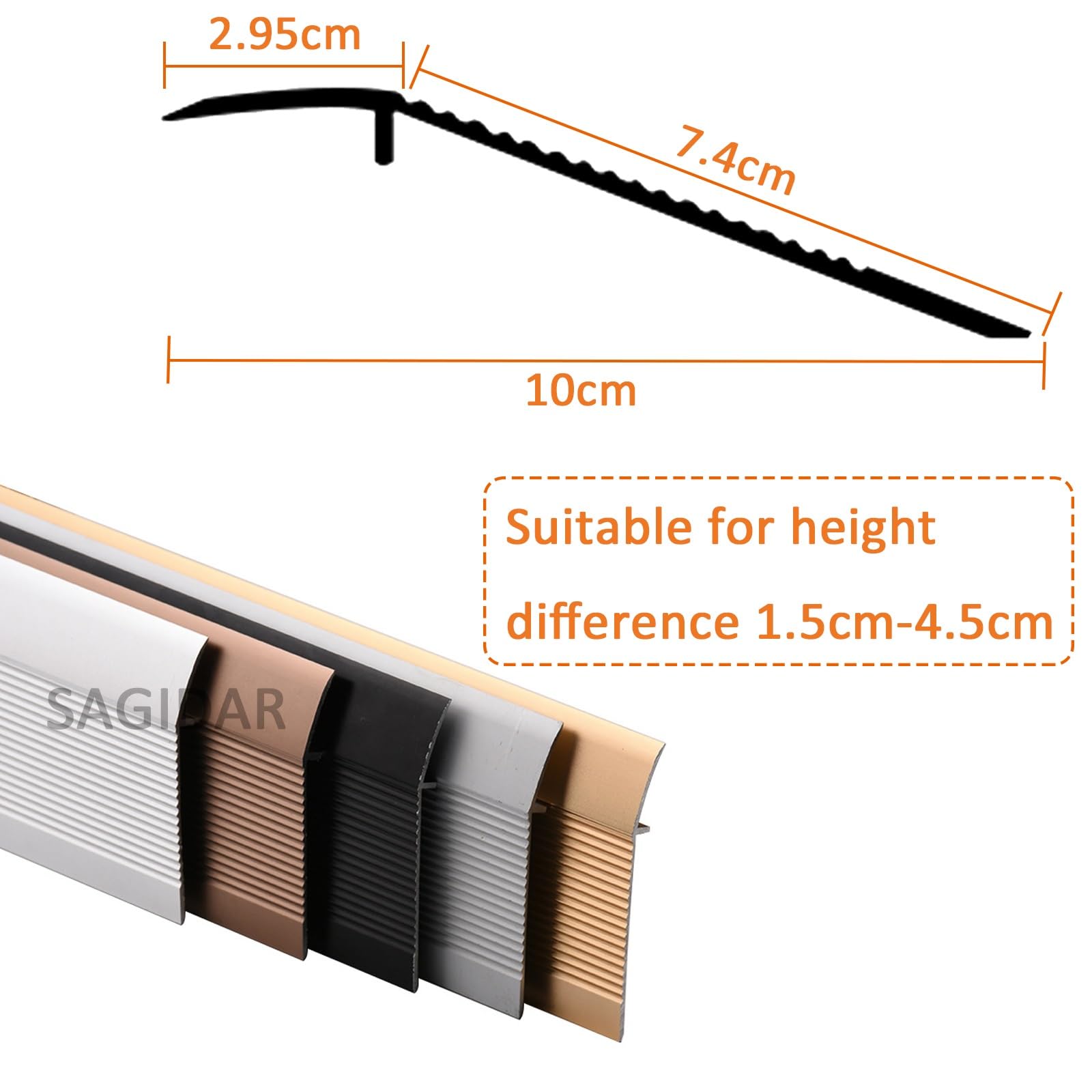 SAGIDAR Bandes De Transition De Seuil Robustes, Barre De Seuil De 10cm Large, Facile À Nettoyer, Antidérapant Et Résistant À La Marche, Seuils Réducteur Rail De Transition, Facile À Installer