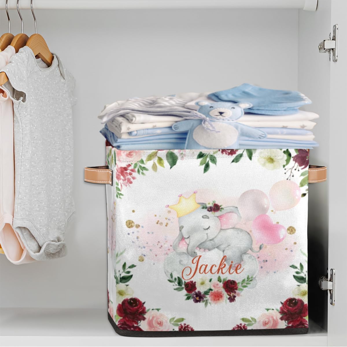 Custom Storage Baskets Personalized Storage Bins Basket Boxes with PU Leather Handles for Clothes Bedroom Closet Organizing Toys Books Shelves Storage Boxes-Girl Elephant With Pink Flowers