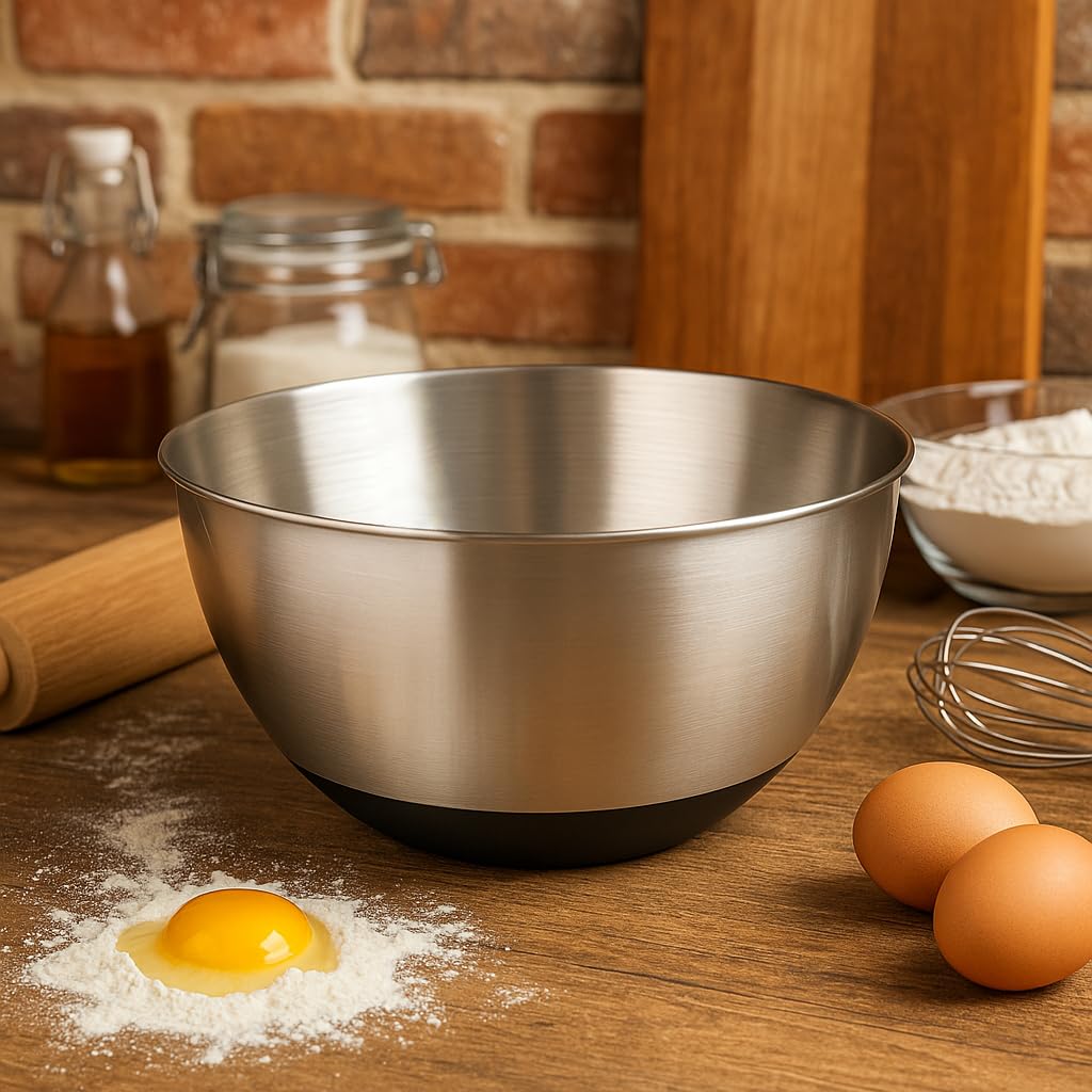 MGE - Ciotola da Cucina in Acciaio Inox e Base in Silicone Antiscivolo - Ciotola Insalatiera con Base in Silicone - Scala di Misurazione - Insalatiere Acciaio Inox - Ciotole in Acciaio da Cucina 26 cm