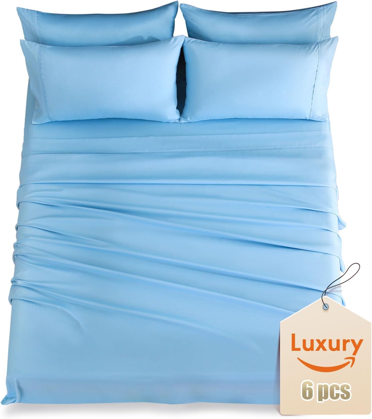 CozySmile Luxury Silky Soft Bed Sheet Set, 6 Piece,King Size, Fits 16 inch Deep Pocket Mattresses, Wrinkle Free & Breathable Cooling, Sky Blue Bedding Sheets (Fitted Sheet, Flat Sheet, Pillowcases)