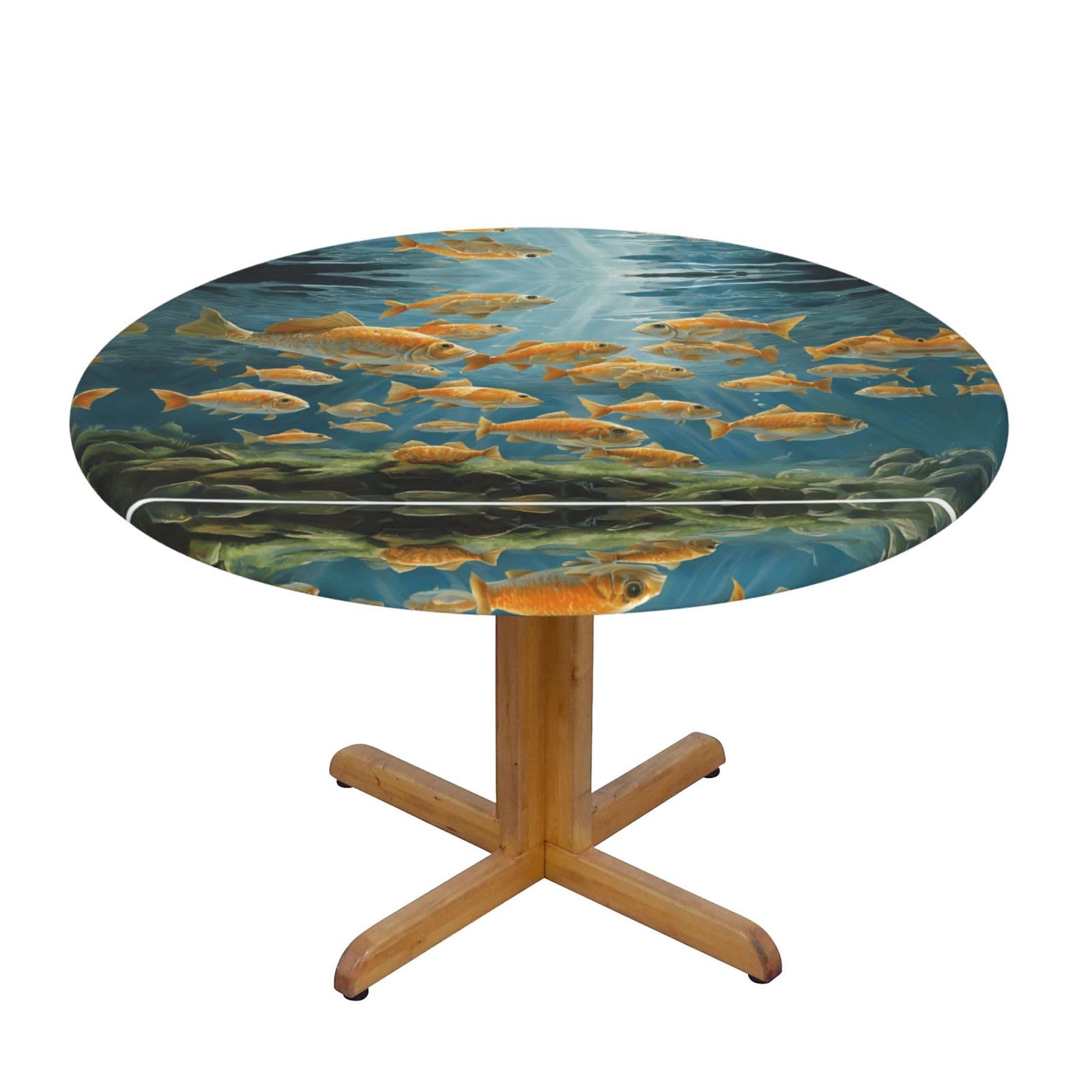 ESNAIUVCD Fishing Lake Fishermen print Waterproof Round Tablecloth,Outdoor Table Cloth with Elastic Edged, Elastic Tablecloth Wipeable, Garden Table Cloth Suitable for sizes 90cm-140cm