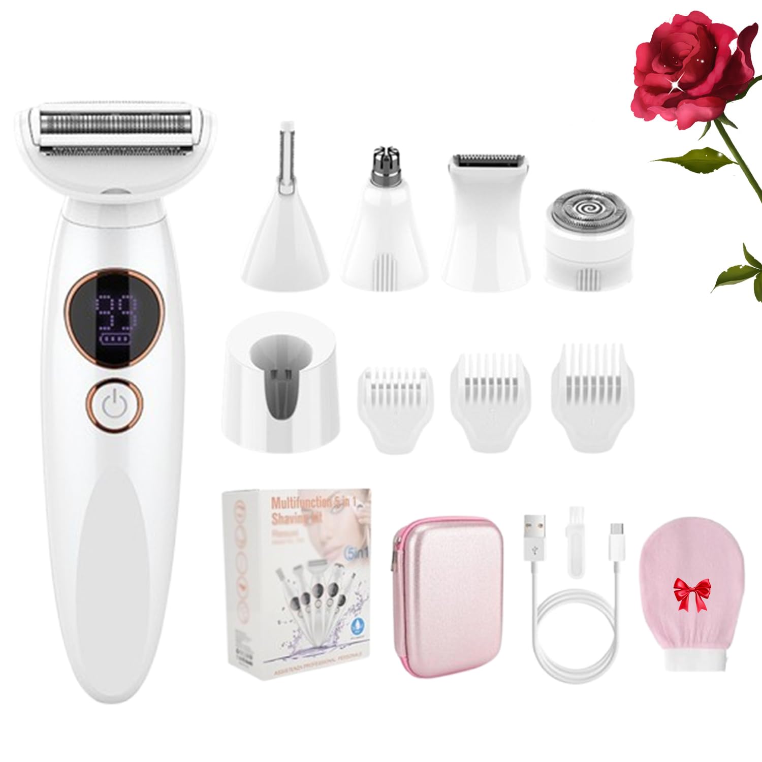Rasoir Femme 5 En 1 Multifonction,Rasoir Femme 5 En 1 Avec Gant,Wet&Dry Rasoir Femme Electrique, Tondeuse Bikini 5en1 Étanche Ipx7, Pour Bikini, Aisselles, Jambes, Nez