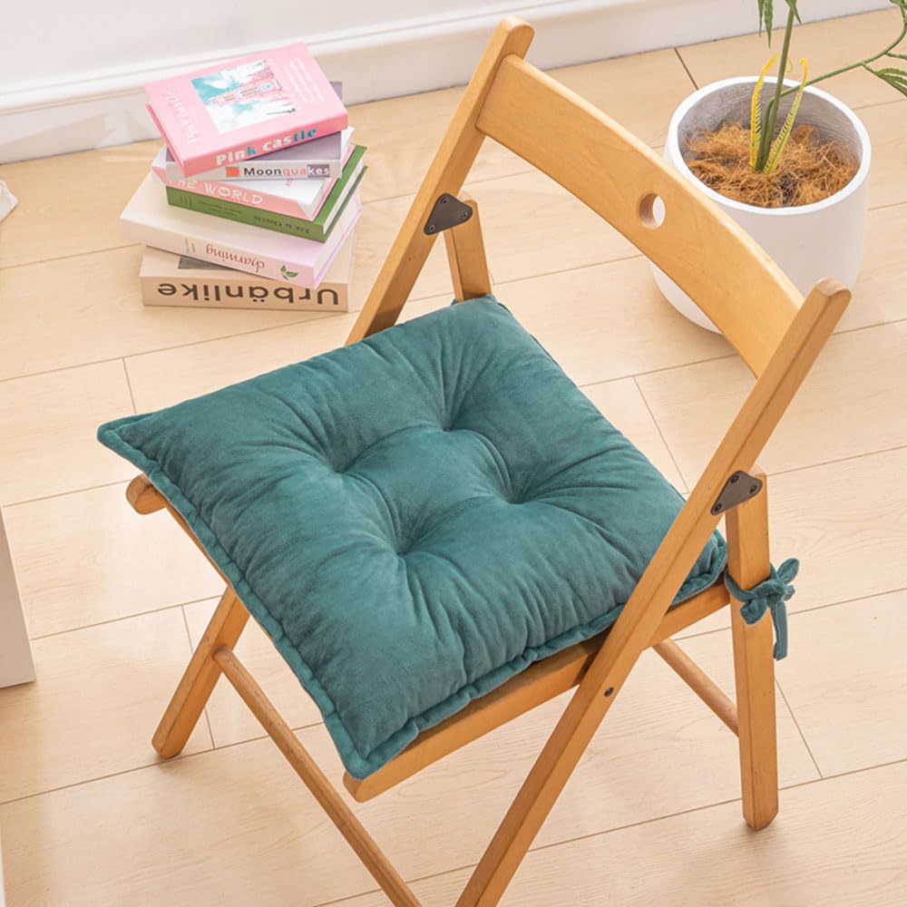 Hixingo Set of 2 Chair Cushions, Seat Cushions with Ties for Dining Kitchen, Plush Garden Chair Cushions Washable Solid Color Seat Pads (45x45cm(Pack of 2),Dark Green)
