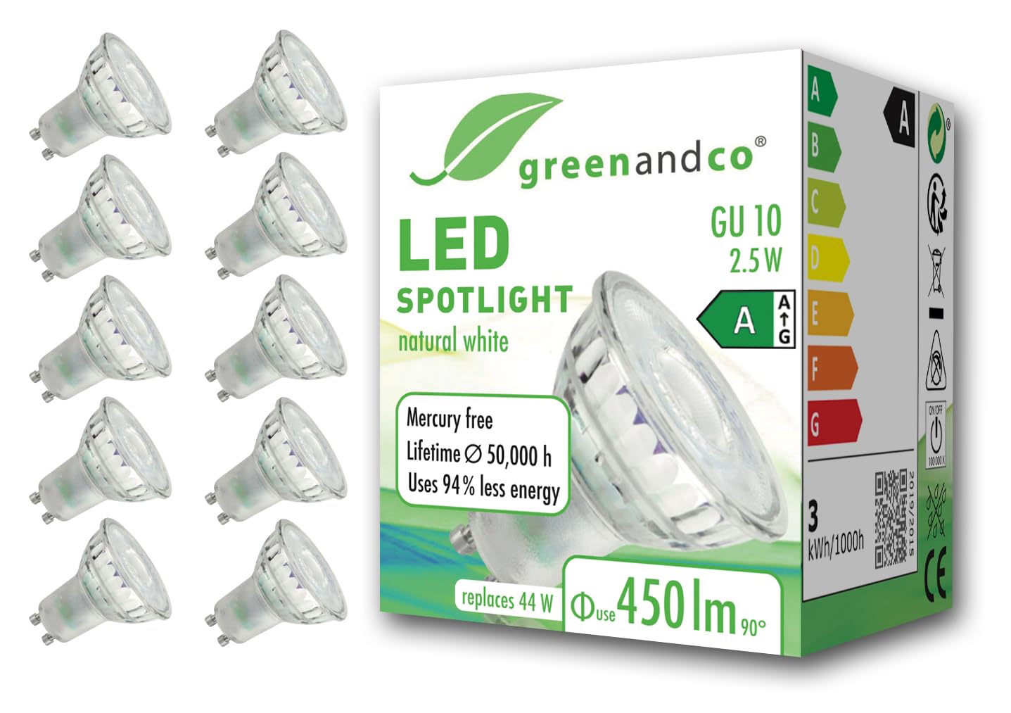 greenandco 10 x LED spotlight, GU10, 2.5 W, 450 lm, 4000 K, neutral white, 36°, 230 V, flicker-free, energy efficiency class A, not dimmable