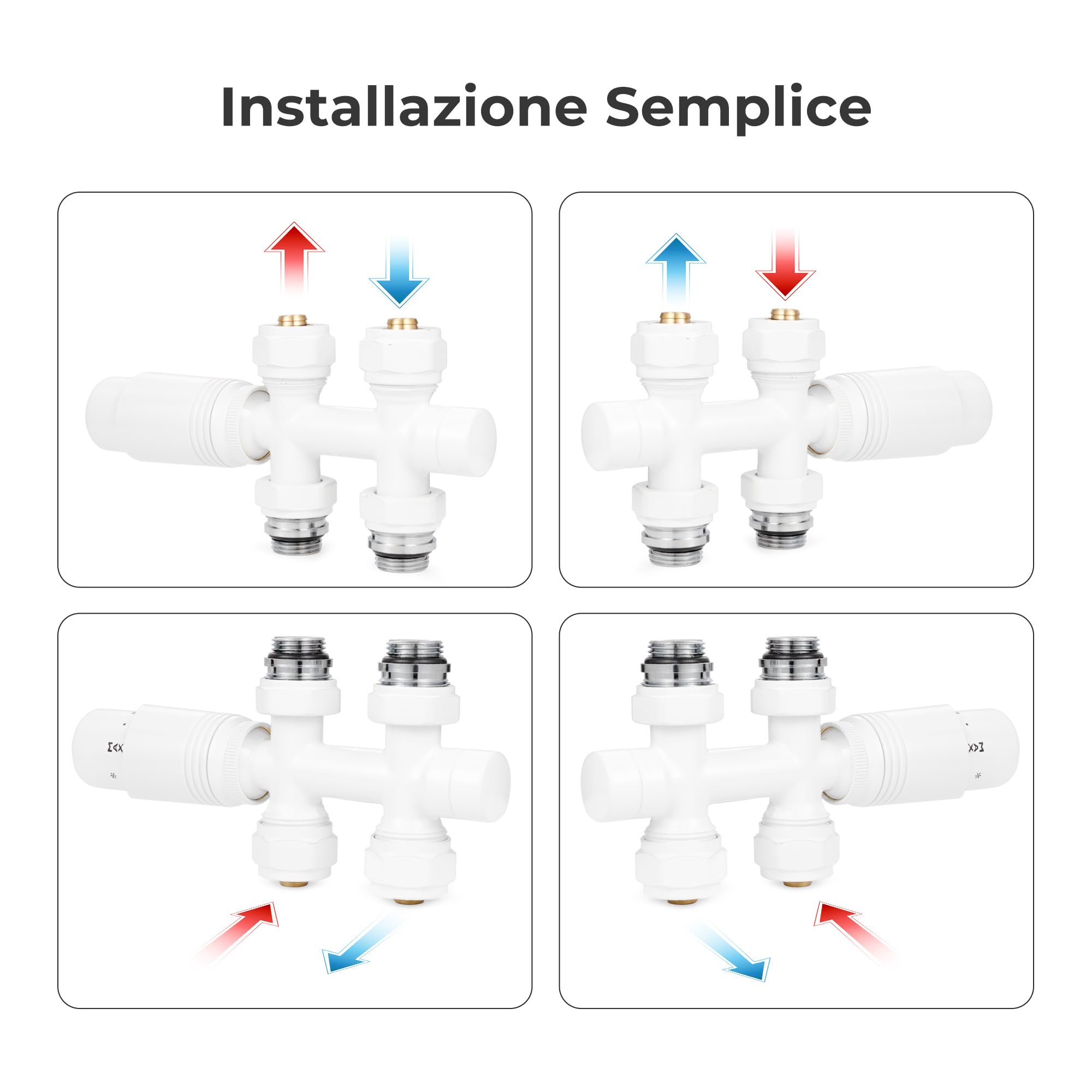 VANCOCO 2 pezzi multiblocco con termostato per radiatori 50 mm distanza mozzo, blocco rubinetto, rubinetti valvola a forma di passaggio con cono europeo per tubi in plastica Ø 16 × 2 mm e diametro 15