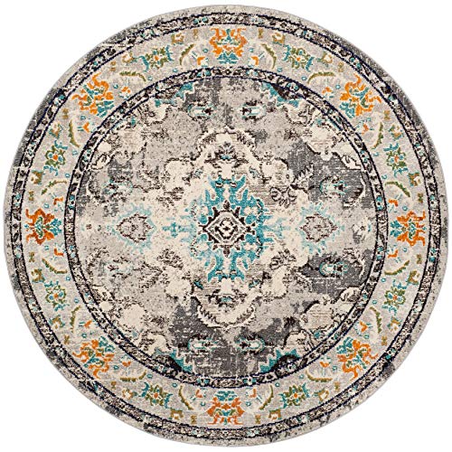 Safavieh Monaco Collection MNC243G Boho Chic Medallion Distressed Area Rug, 6'7" x 6'7" Round, Grey / Light Blue