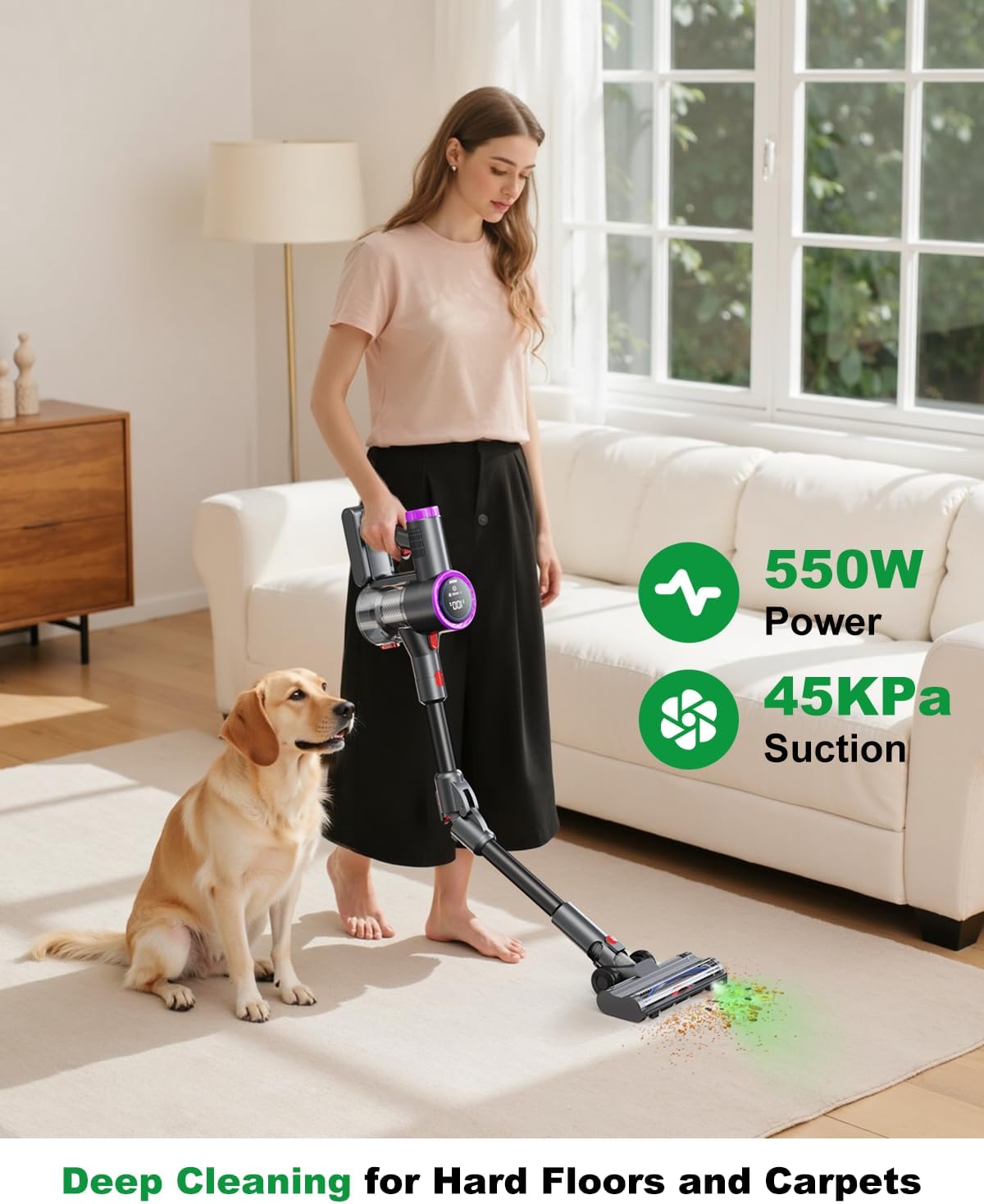 Cordless Vacuum Cleaner, Stick Vacuum Rechargeable, 550W 45KPA Powerful Suction Lightweight Vacuum Cleaners for Home, Anti-Tangle, Self Standing for Pet Hair Hardwood Floor Carpet - Purple
