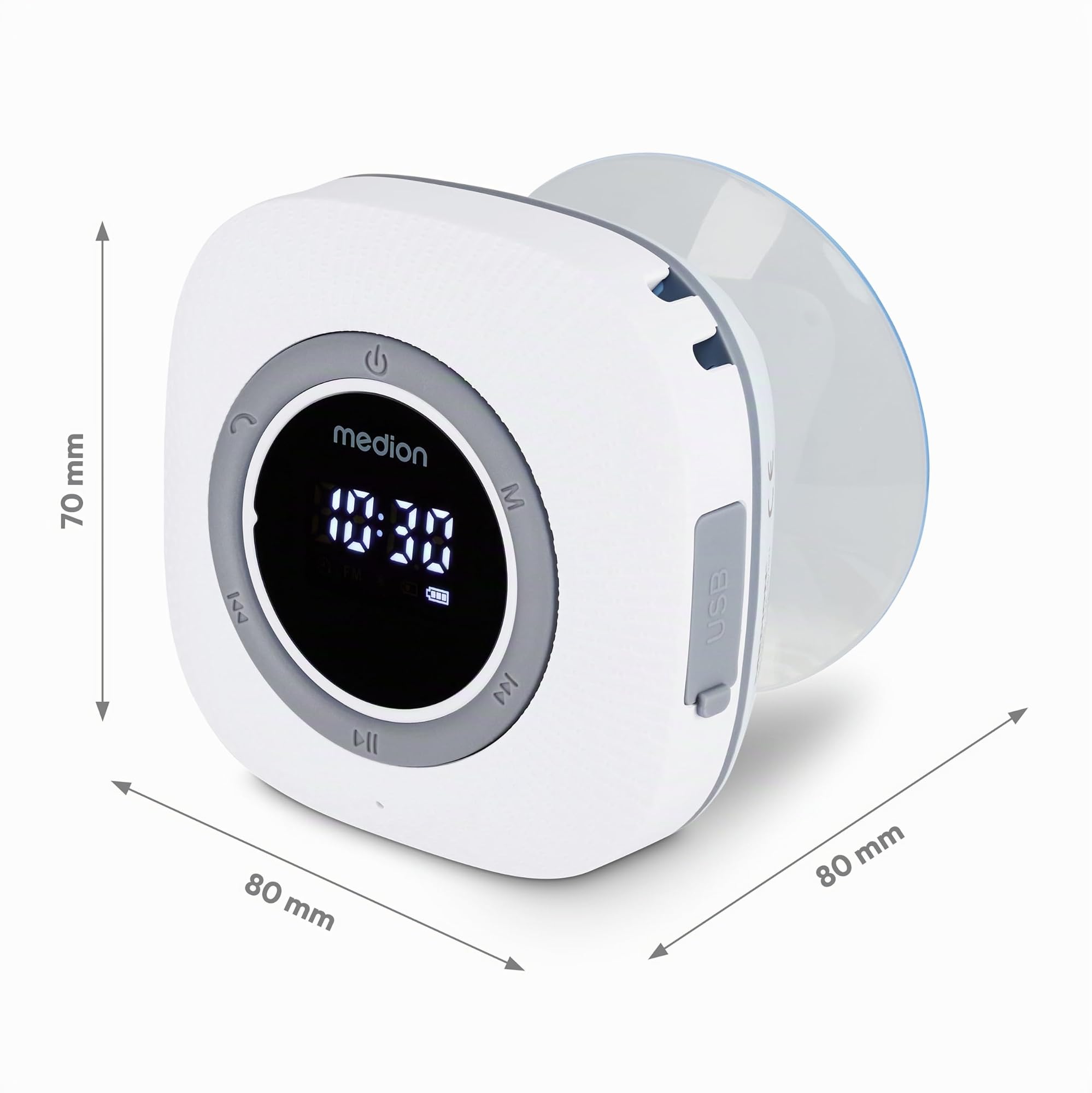MEDION S66884 Radio de Douche avec Bluetooth (Radio de Salle de Bain, Radio FM, Ventouse, écran LED, IPX6 étanche, Batterie intégrée, MD43884) Blanc