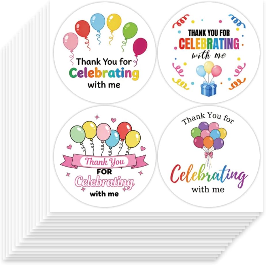 200Pcs Thank You Stickers Celebrating Scrapbook Decals Colored Balloons Self-Adhesive Paper Decorative Party Favors for Envelope Water Bottles Planner DIY Laptop Phone Case Luggage