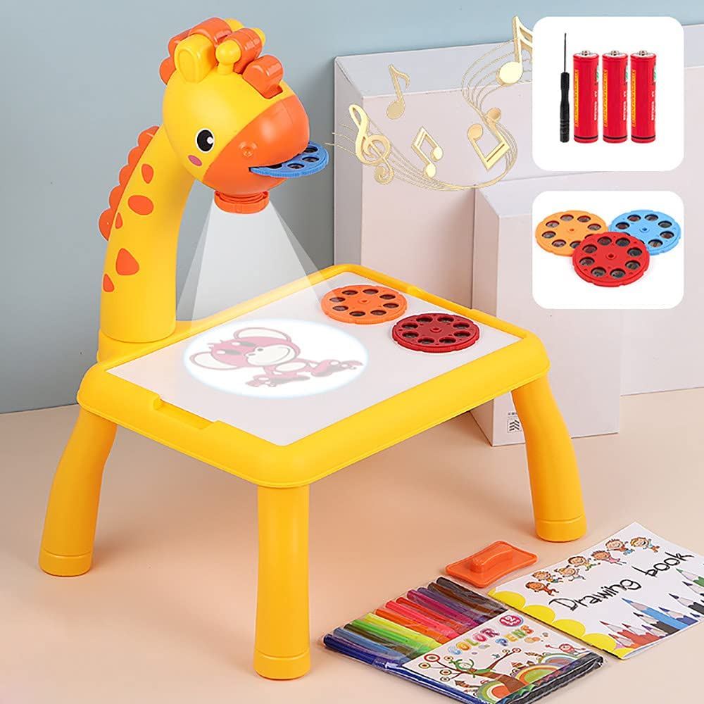 MUMOO BEAR Kids Projector Painting Desk Drawing Board Table with Projection Function Children Painting Table Educational Toys (Yellow)
