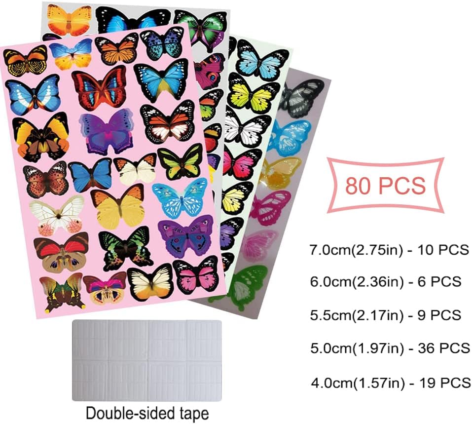 80 PCS Butterfly Wall Sticker 3D Butterflies Decor Decals for Removable Mural Stickers Home Bedroom Decoration