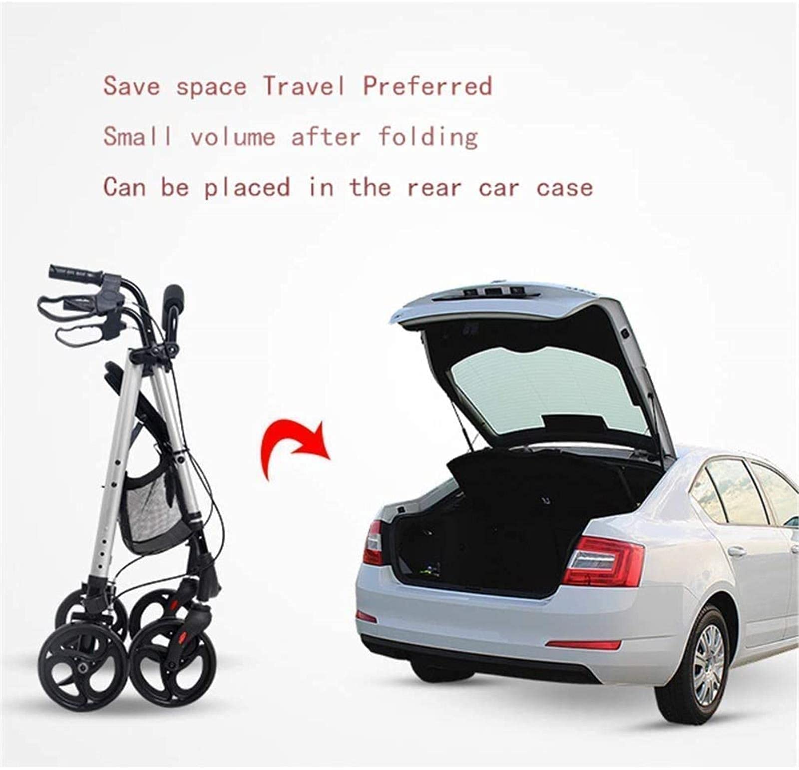 Rollator Walker 4-kołowy chodzik/Rollator z pętlowymi hamulcami ręcznymi Składany, lekki czterokołowy wózek z poduszką do siedzenia i koszem na zakupy, Chodzik dla osób starszych, Tęsknota za