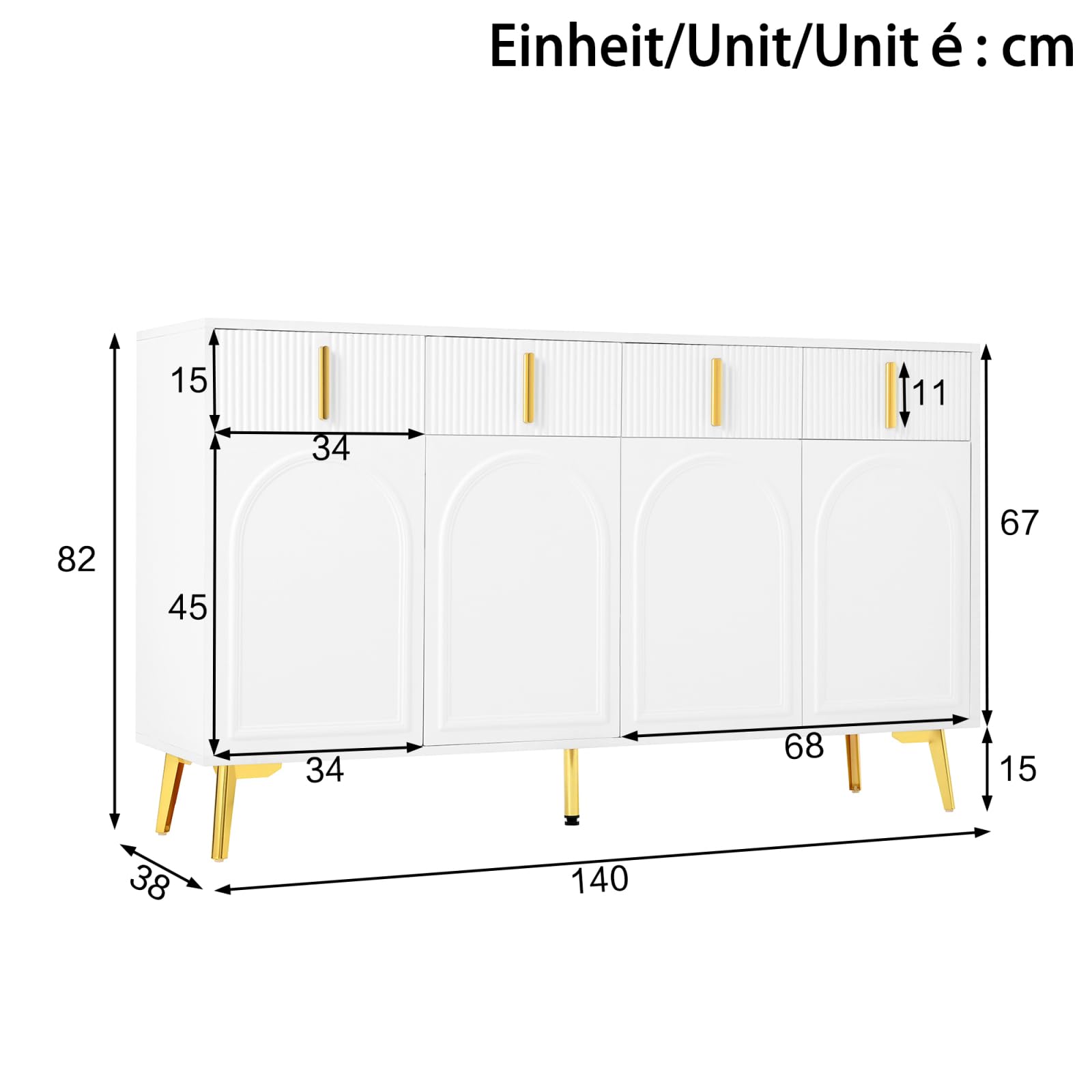 Sideboard mit 4 Türen, Modern Kommode mit 4 Schubladen, Schubladenschrank mit Griff und Beine, Küchenschrank für Flur, Schlafzimmer, Wohnzimmer, Geschwungenes Design, 140x38x82cm, Weiß