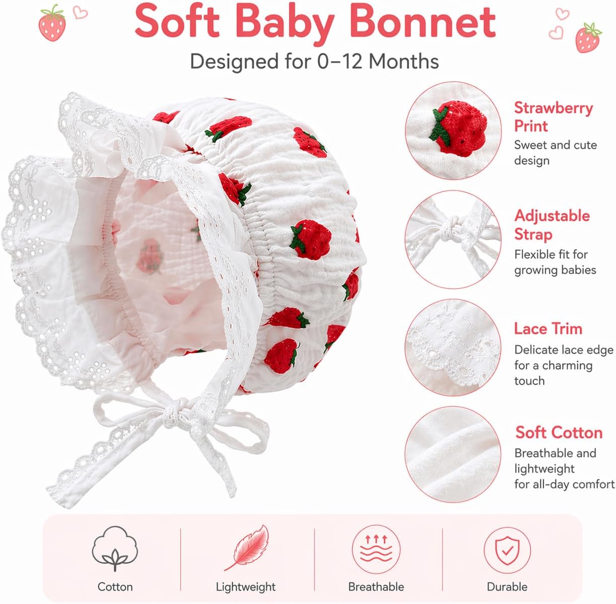 Baby-Girl-Lace-Cotton-Bonnet Soft Breathable Sun Hat for Newborn Toddler