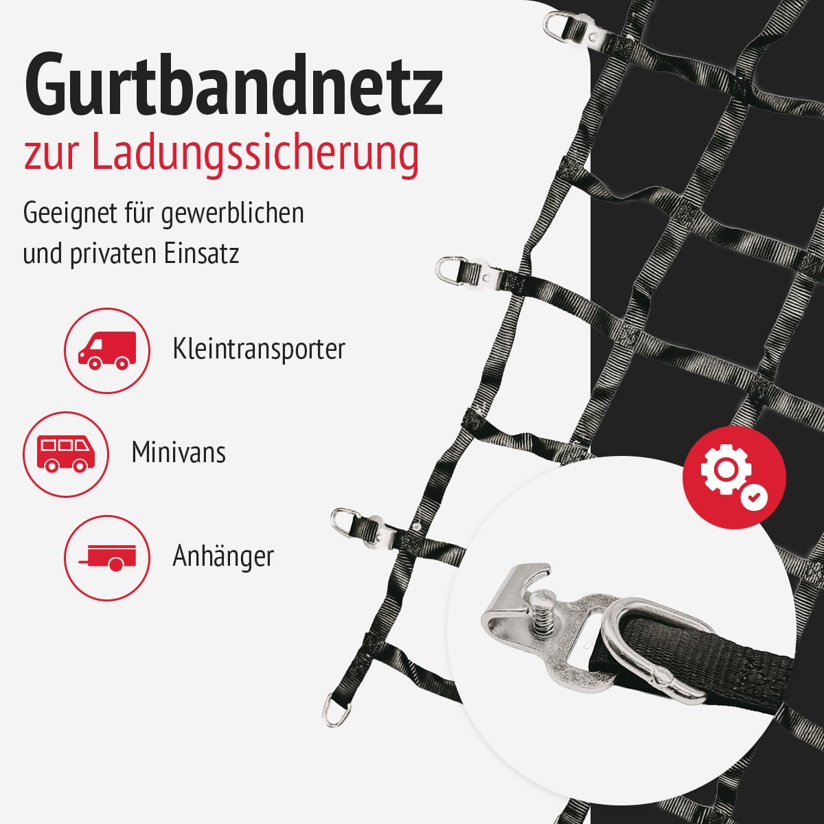 Gurtbandnetz 1775 x 1250 mm für Minivan, Anhänger und Kleintransporter | Ladungsnetz aus PES-Gurtband, schwarz, mit D-Ringen und Adaptergurten | LC: 600 daN