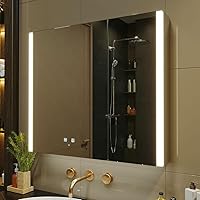 KWW LED Lighted Bathroom Medicine Cabinet with Defogger, USB/Sockets, Dimmable 3-Color Mirror - Wall Mount 2-Door 31x28 Inch