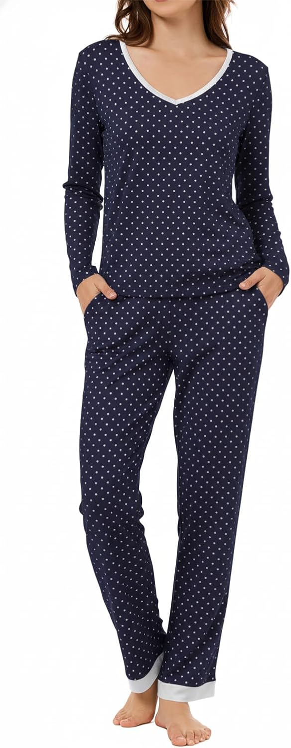 LUBOT Bamboo Viscose Pajamas for Women Soft Breathable Womens Pajama Set Two Piece PJ Sets Long Sleeve Pants Printed Pattern Loungewear Nightwear Sleepwear (Navy Blue Dot,L)