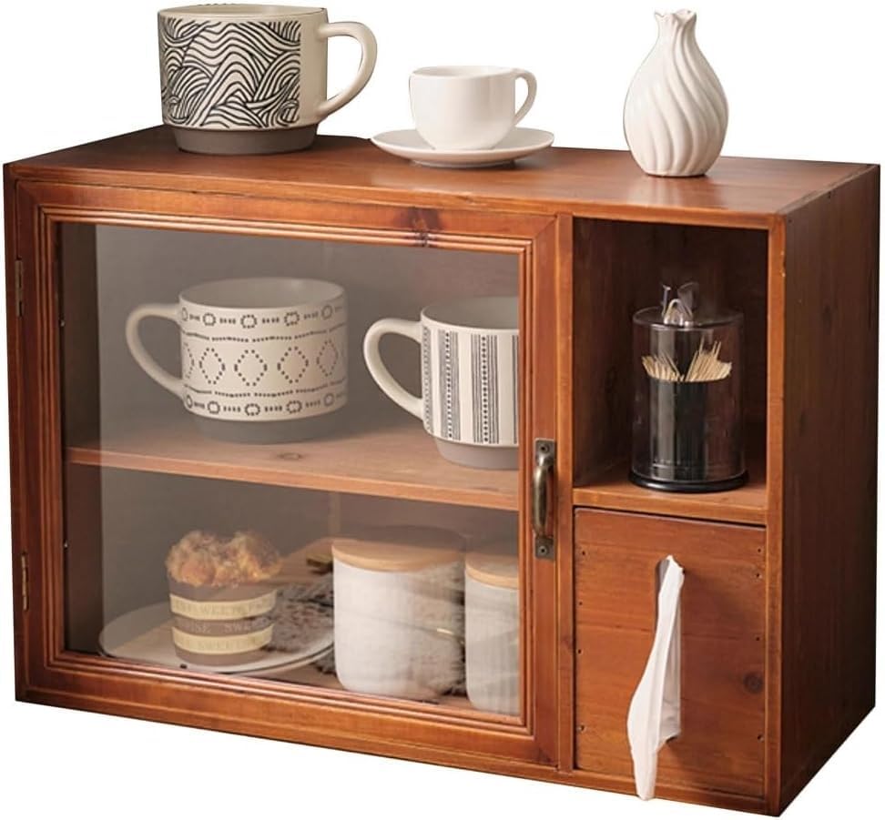 Vitrina de madera vintage para mostrador, puertas de cristal, soporte para tazas de té, café, vino, bar, despensa, cajón, gabinete (marrón)