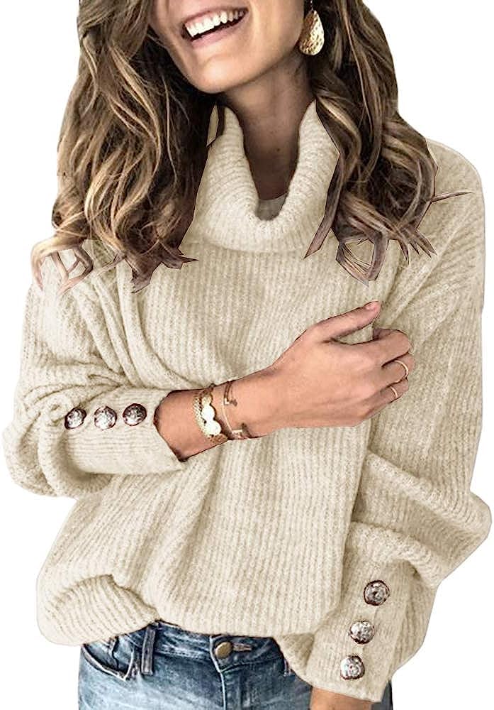 Wenrine Damen Rollkragen Pullover Oversized Winter Strickpullover | Langarm,Casual,Warm Pulli,Lose,Gestrickt,Sweater,mit Metallknöpfen
