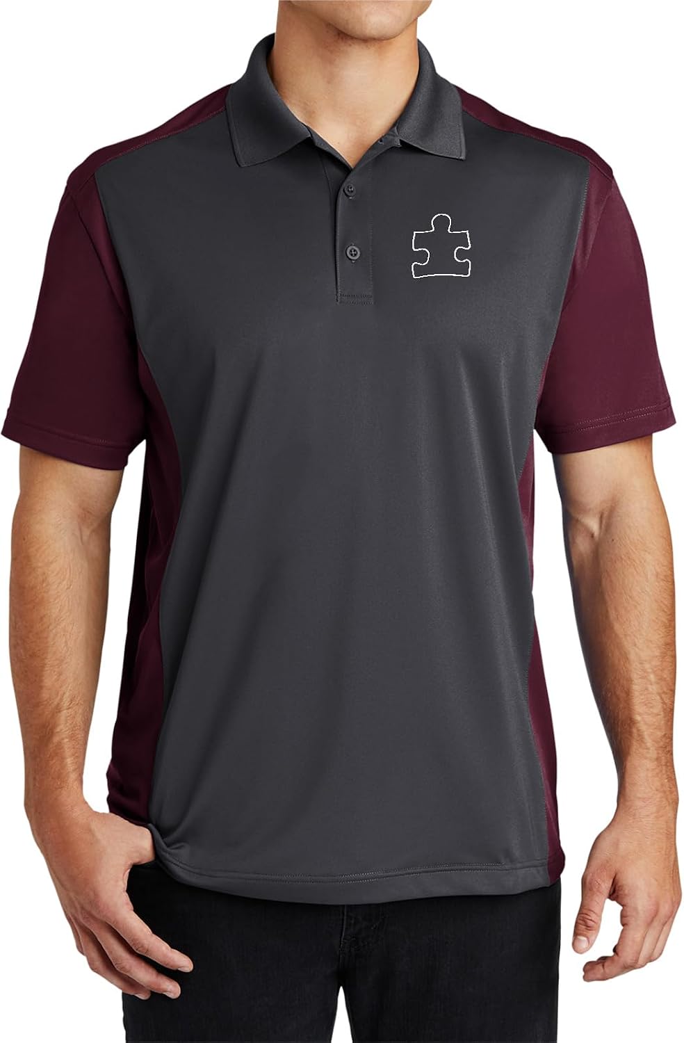 Autism Awareness White Puzzle Piece Chest Print Colorblock Sport Wick Polo Shirt