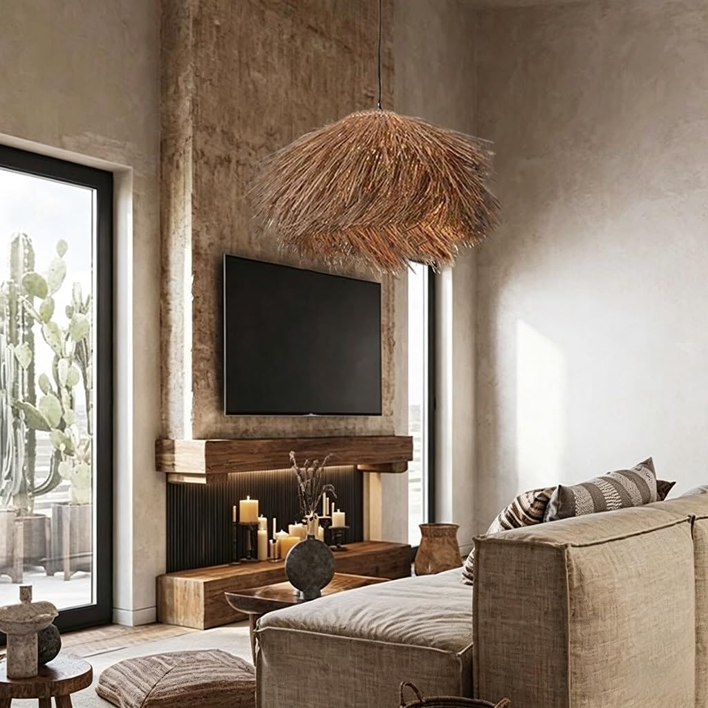 Pendelleuchte E27 Kreative Hängeleuchte Aus Rattan Handgewebt Hutform Vintage Bohemian-Stil Höhenverstellbare Deckenlampe Esstisch Lamp Für Esszimmer Wohnzimmer Schlafzimmer