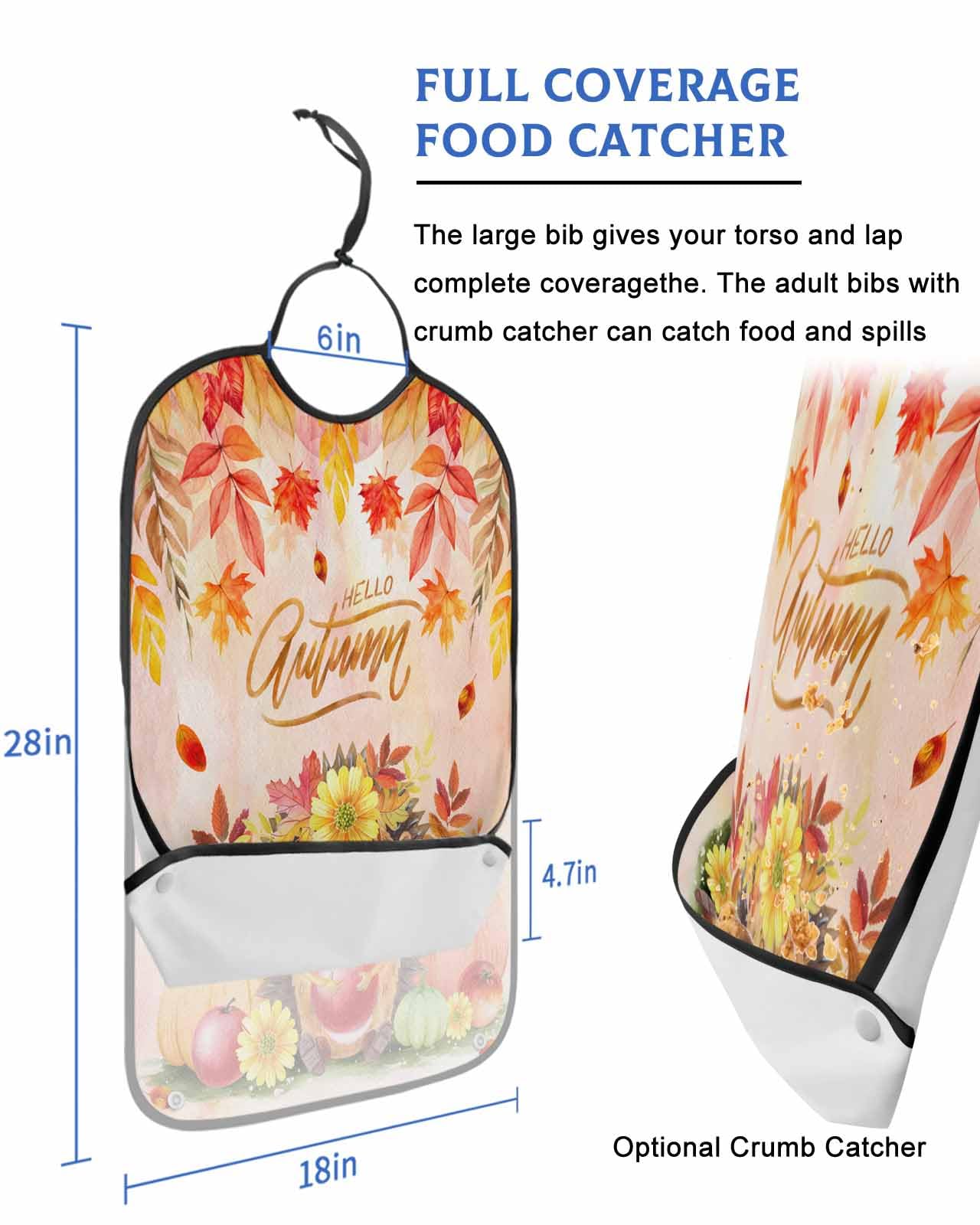 LEOKOTI Orange Yellow Fall Hedgehog Adult Bibs for Eating, Waterproof Bibs with Food Catcher & Adjustable Snap Closure, Maple Leaf Pumpkins Fruits Washable Clothing Protectors Adult Bibs for Elderly