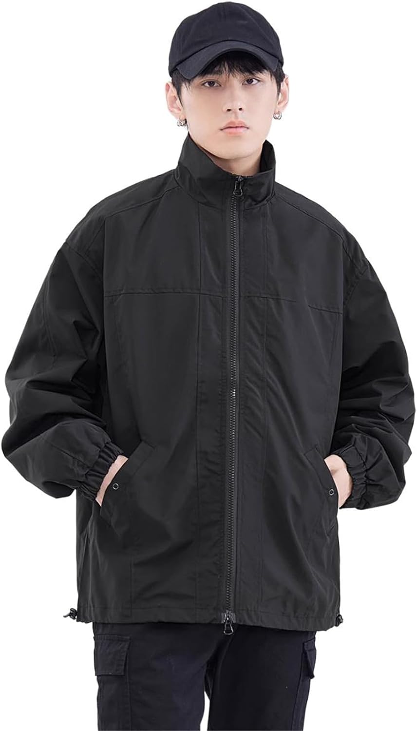 Standing collar Coat men's spring and fall loose casual American style retro jacket-Black-Small