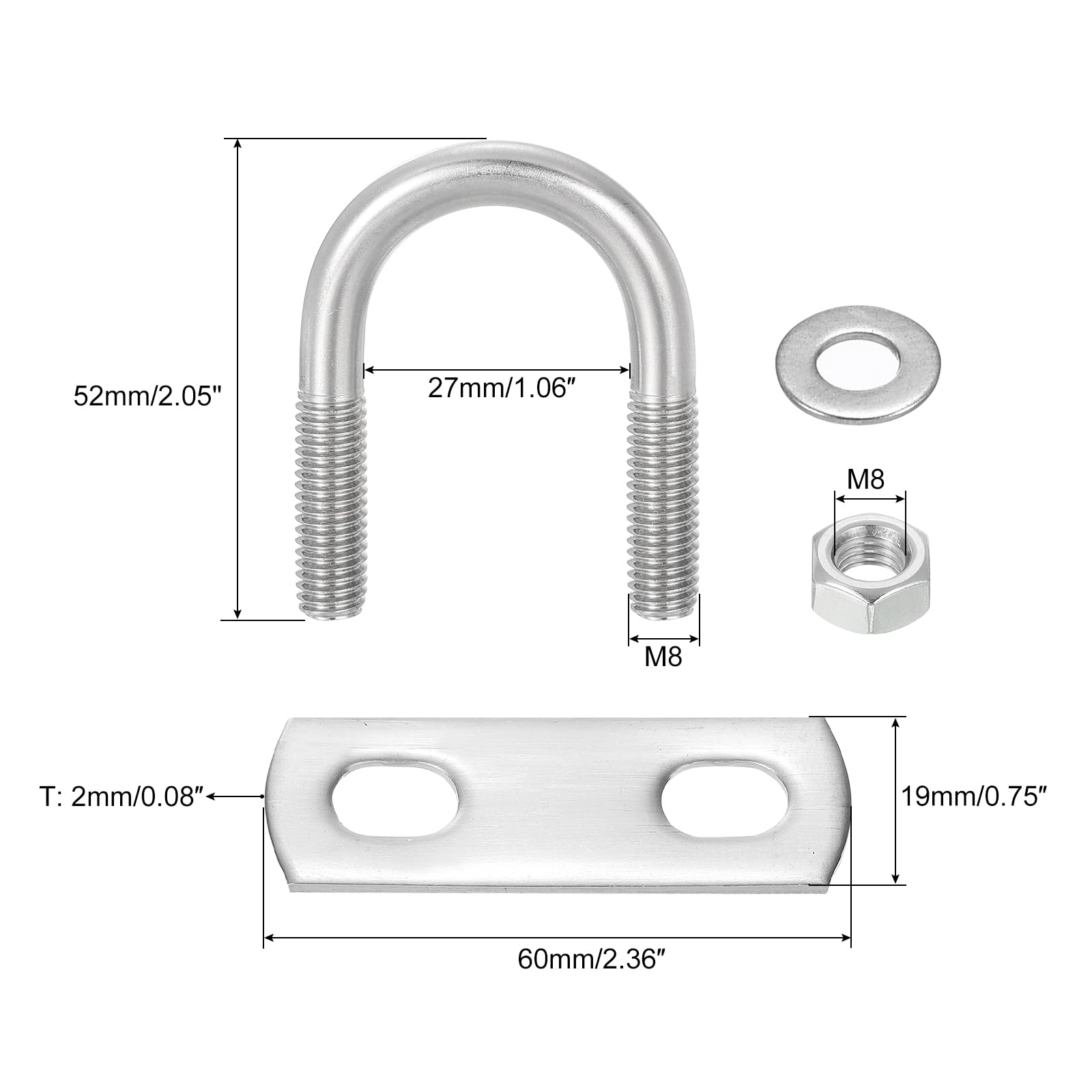 QUARKZMAN Abrazaderas en U Redondas 8 Juegos 25mm (0.98") Ancho Interior y 52mm Longitud M8 Abrazadera en U de Acero Inoxidable 304 con Tuercas y Placas para Remolques de Barcos