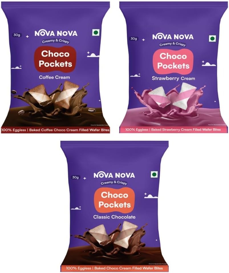 Nova Nova Choco Pockets | Assorted Chocolate, Strawberry & Coffee Cream Filled Wafers | 100% Eggless (90g)