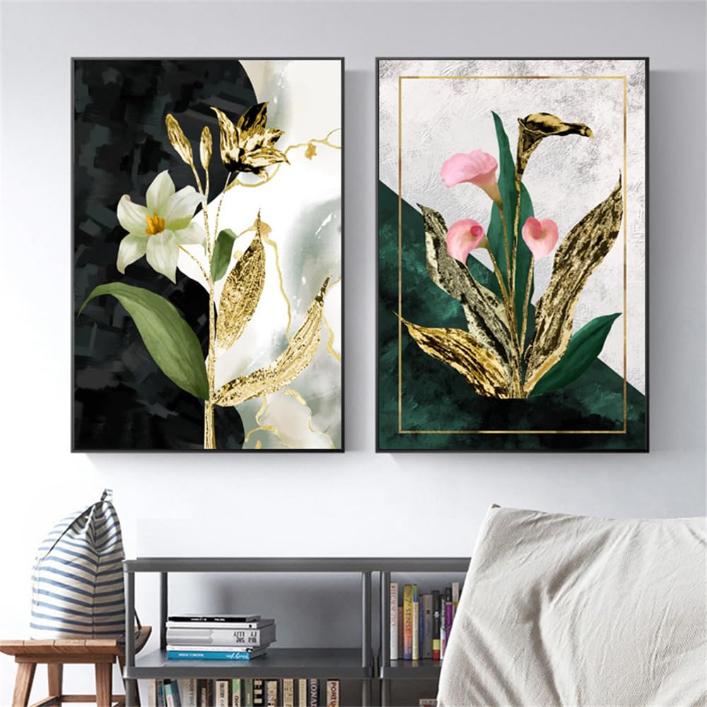 WUHBCZ Pictures,Modern Golden Flowers Vintage Abstract Painting Printed on Canvas Posters Wall Picture for Living Room Bedroom Kitchen Gallery Home Decor-40 * 60cm*2PCS (No Frame)