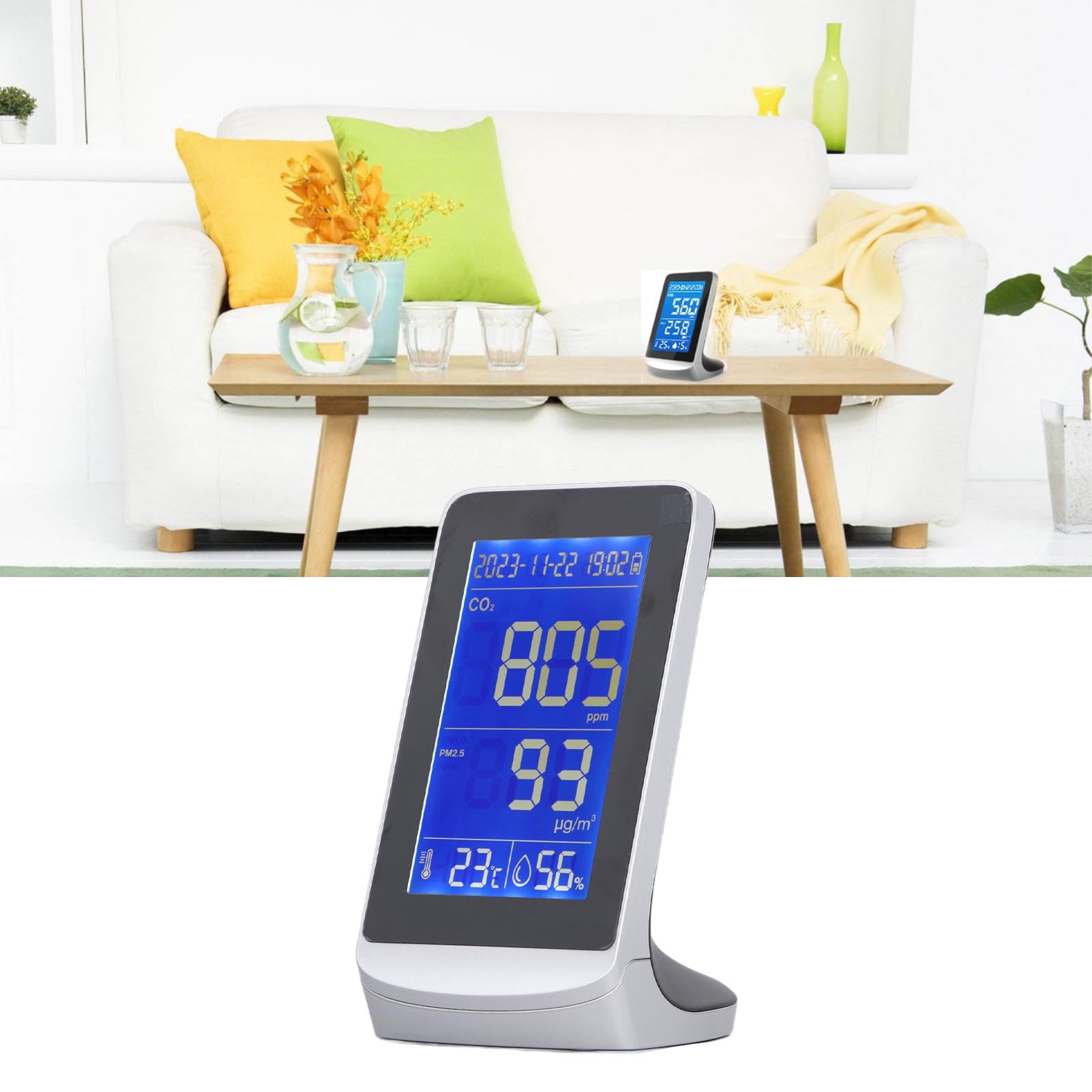 Monitor de calidad del aire con sensor infrarrojo NDIR, detector de partículas PM2.5/PM10, medidor de temperatura y humedad con batería de 3000 mAh para espacios