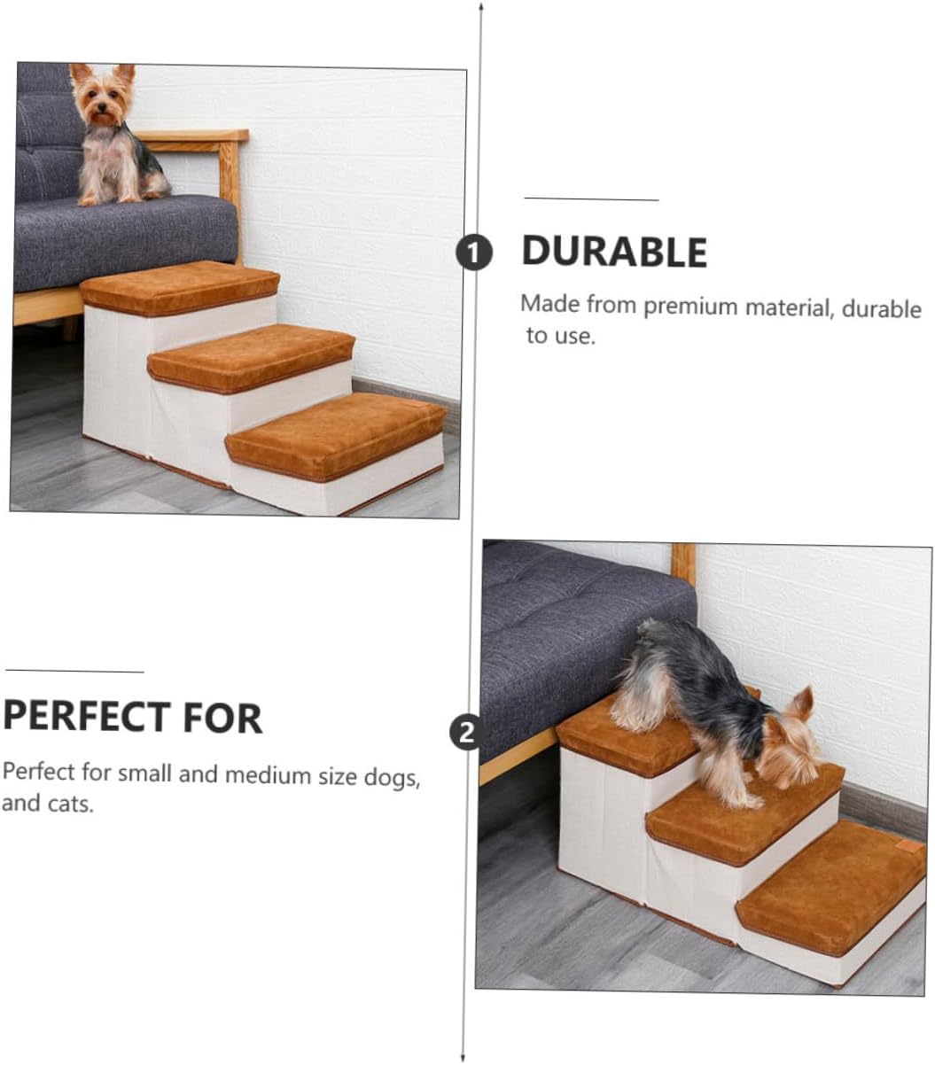 BESTonZON Foldable Dog Ladder with Three Steps, Brown Pet Stair for Puppies, Compact Storage Staircase for Small Dogs, Indoor Use for Sofa, Bed, and Furniture Access