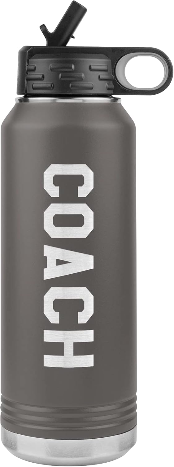 Coach Water Bottle - Coach Gift - 32oz Insulated Engraved Stainless Steel Flip Top with Straw Pewter